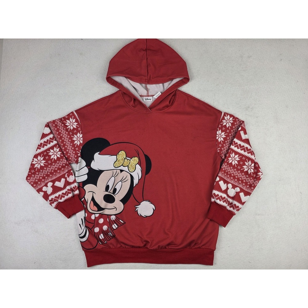 Disney Minnie Mouse Women's Christmas Pullover Hoodie Snowflake Pattern Sleeve M